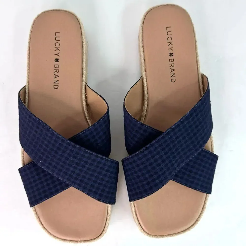 NWOB! Lucky Brand Gayte Espadrilles Slides Slip On Check Blue Sandals Sz 7.5